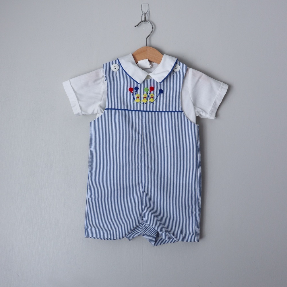 Vintage 70s Winnie the Pooh Duck Balloons Striped Jon Jon Romper & Shirt Set